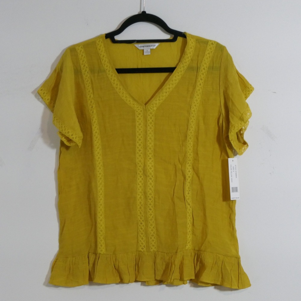 NEW Counterparts Women Blouse S Yellow Gold Boho Crochet Ruffle Peplum Feminine